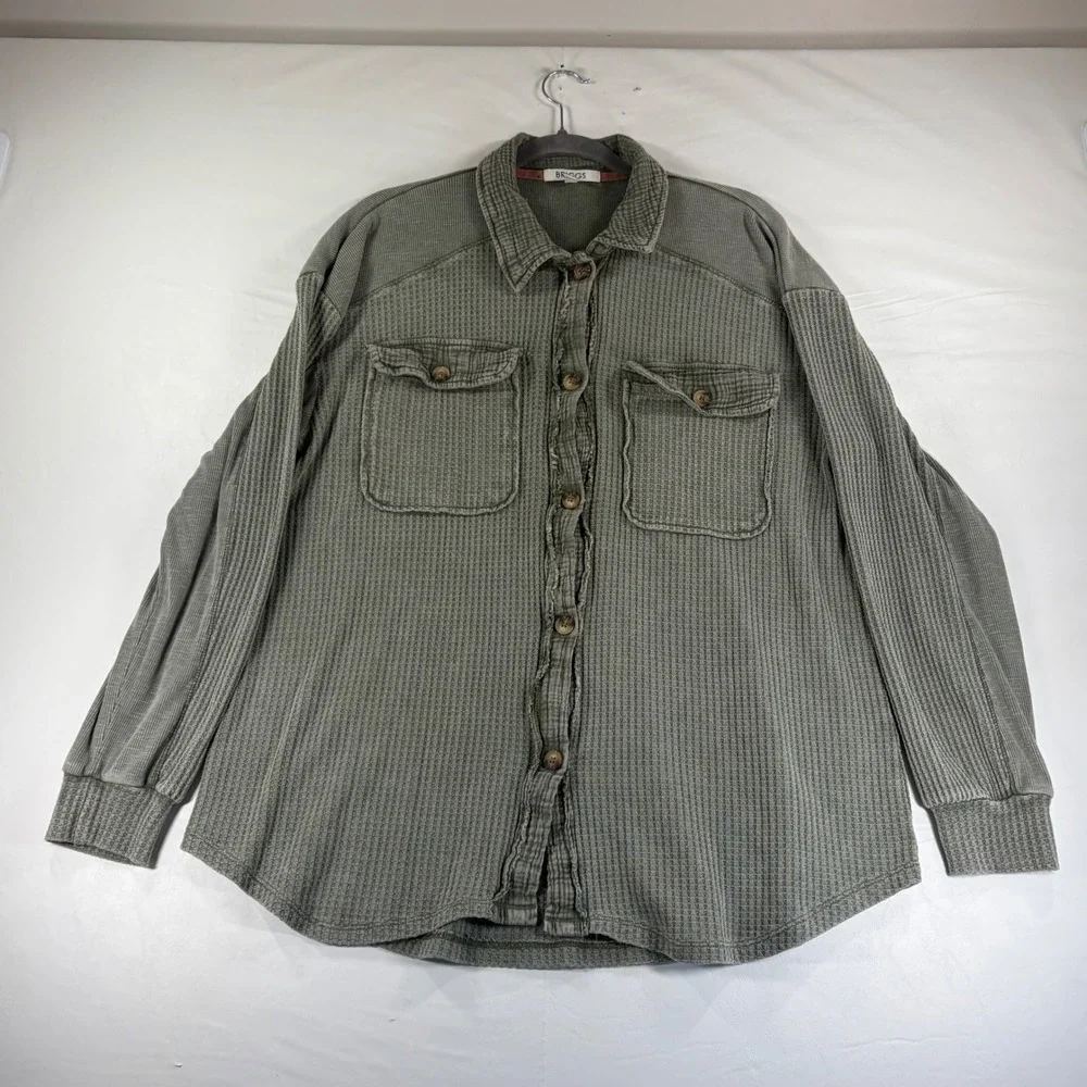 Briggs Womens XL Sage Green Waffle Knit Shacket Mixed Media Button Down Shirt